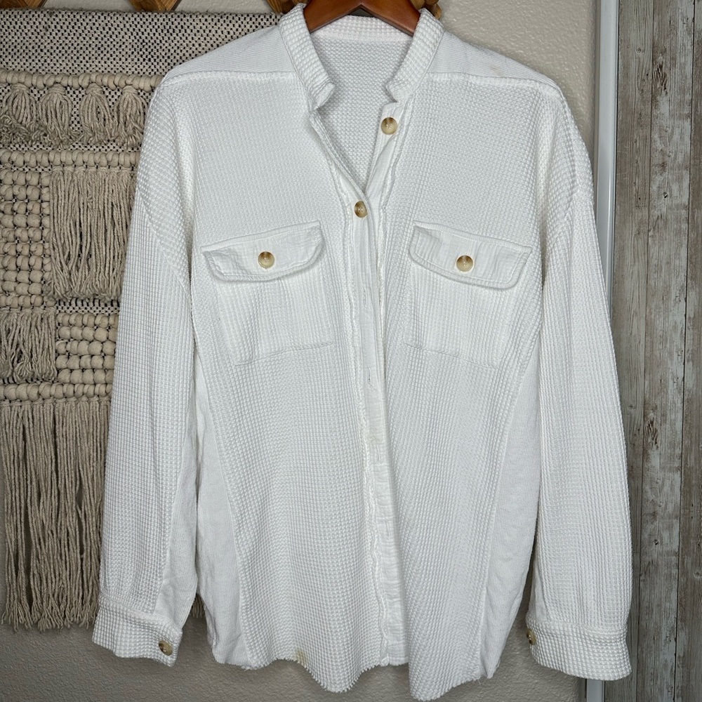 White Waffle Knit Button Down Shacket